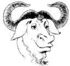 GNU head, testa con barba tipica e corna arricciate, con un sorriso soddisfatto e sguardo profondo.